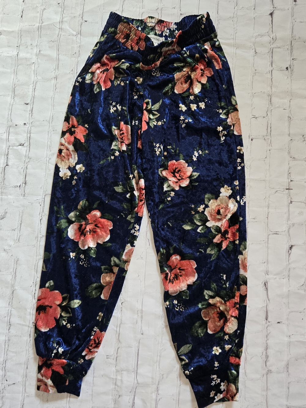 Monteau Crushed Velvet Floral Joggers Whimsigoth Boho Sz Lg Fairy